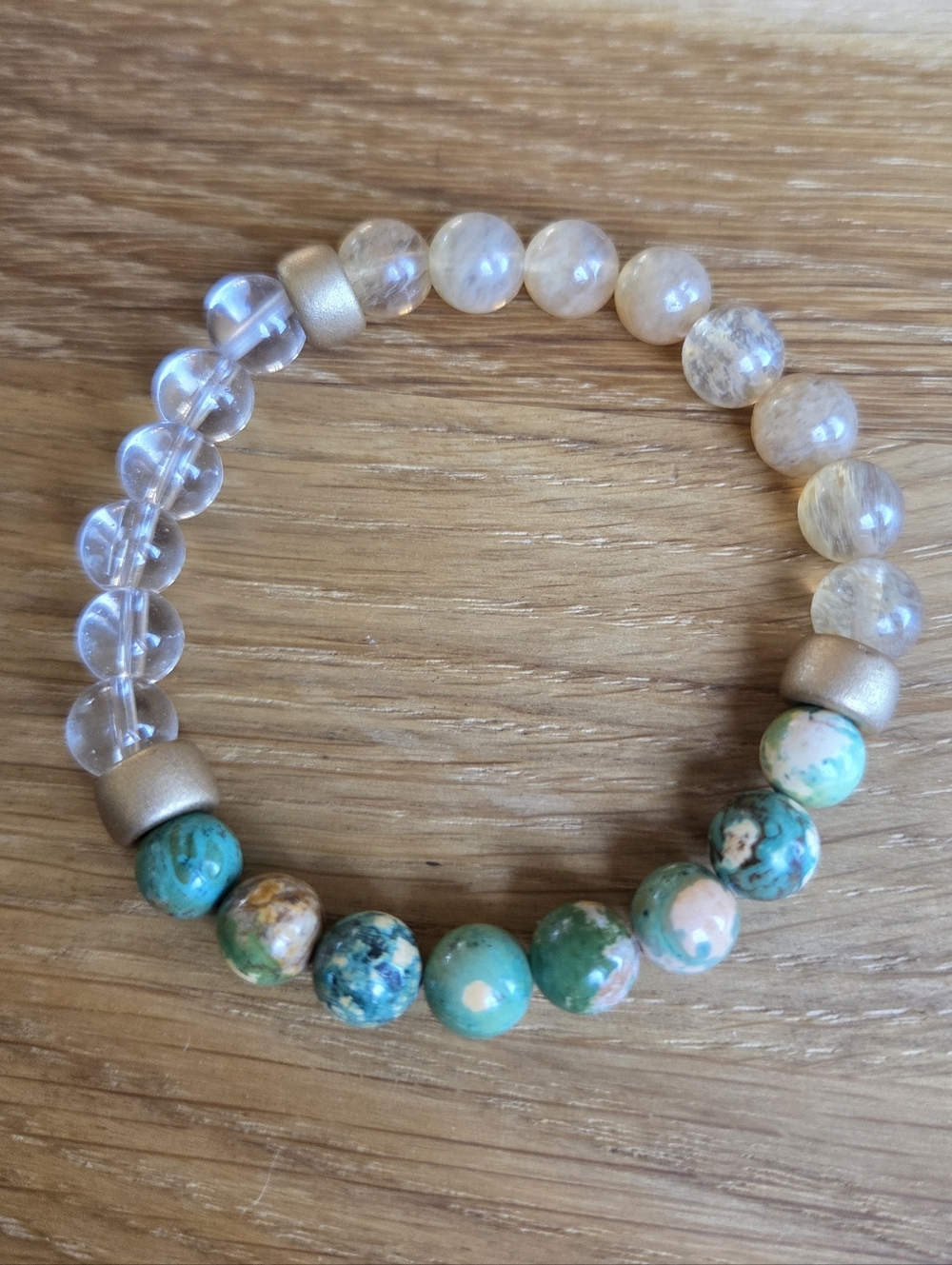 Green Imperial Jasper, Champagne Quartz & Clear Quartz Beads Stretch Bracelet